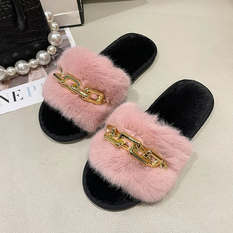 Fluffy Slippers Home Winter Casual Chain Designer Shoes Women 2024 Indoor Platform Plush Slides Girls Fashion Elegant Large Size