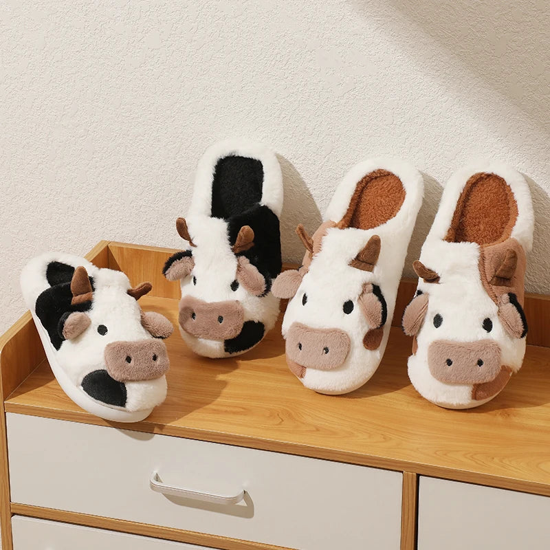 New Winter Unisex Cartoon Cow Warm Plush Slippers Couple'S Indoor Non-Slip House Slides Men and Women Toe Wrap Home Cotton Shoes