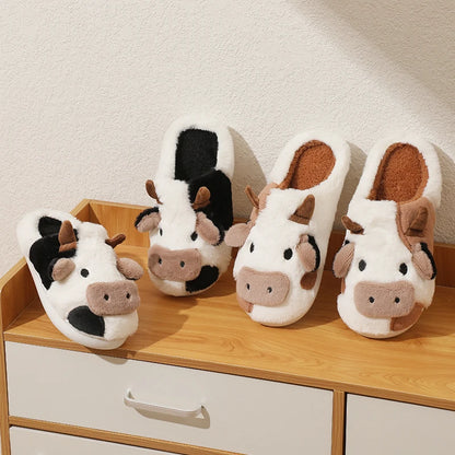 New Winter Unisex Cartoon Cow Warm Plush Slippers Couple'S Indoor Non-Slip House Slides Men and Women Toe Wrap Home Cotton Shoes