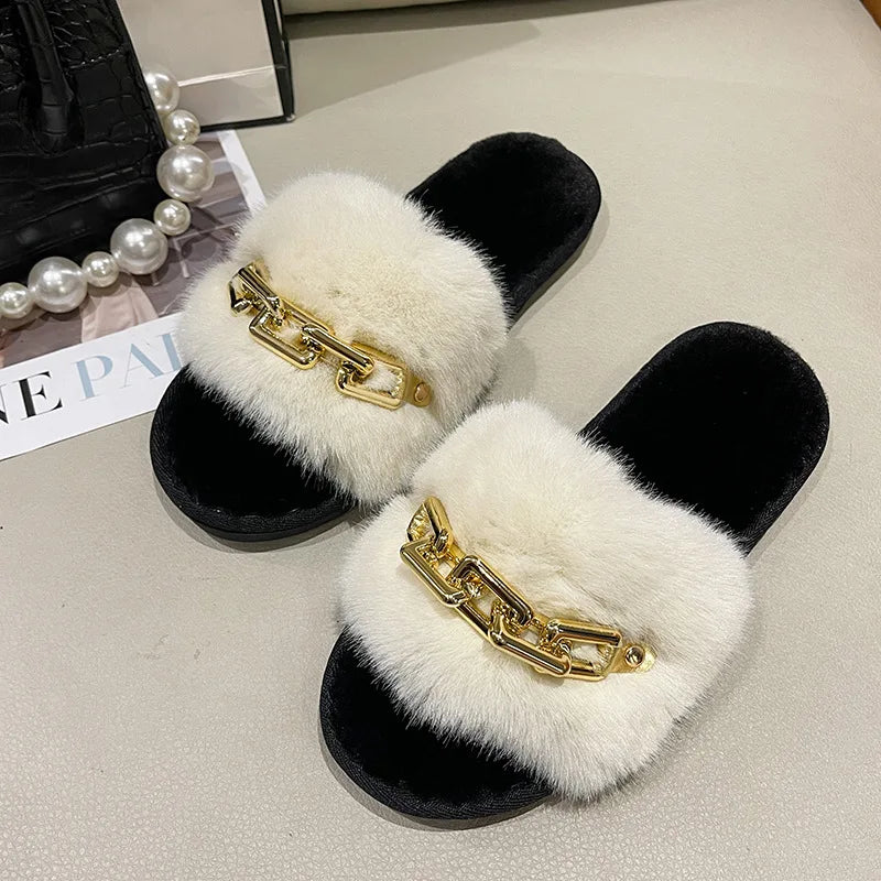 Fluffy Slippers Home Winter Casual Chain Designer Shoes Women 2024 Indoor Platform Plush Slides Girls Fashion Elegant Large Size