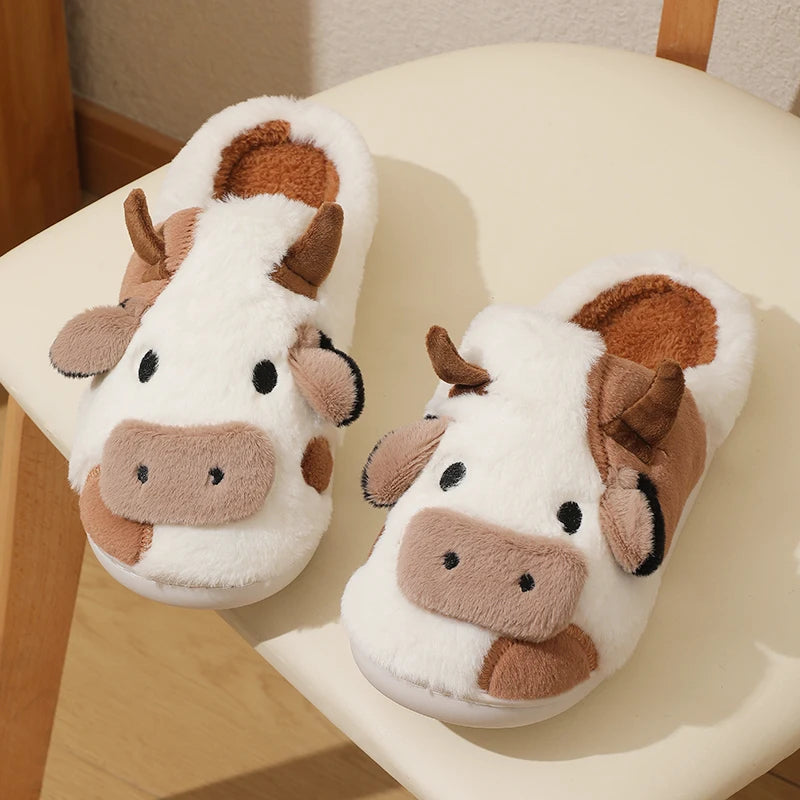 New Winter Unisex Cartoon Cow Warm Plush Slippers Couple'S Indoor Non-Slip House Slides Men and Women Toe Wrap Home Cotton Shoes