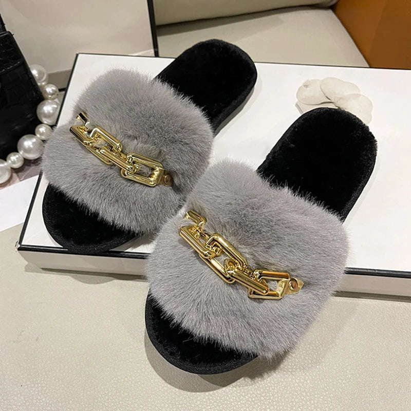 Fluffy Slippers Home Winter Casual Chain Designer Shoes Women 2024 Indoor Platform Plush Slides Girls Fashion Elegant Large Size