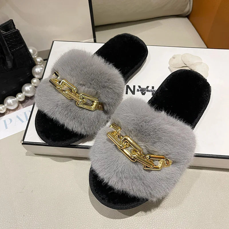 Fluffy Slippers Home Winter Casual Chain Designer Shoes Women 2024 Indoor Platform Plush Slides Girls Fashion Elegant Large Size