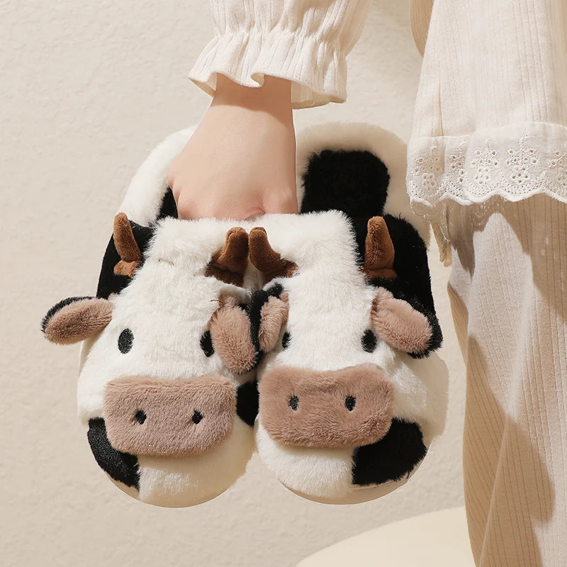 New Winter Unisex Cartoon Cow Warm Plush Slippers Couple'S Indoor Non-Slip House Slides Men and Women Toe Wrap Home Cotton Shoes