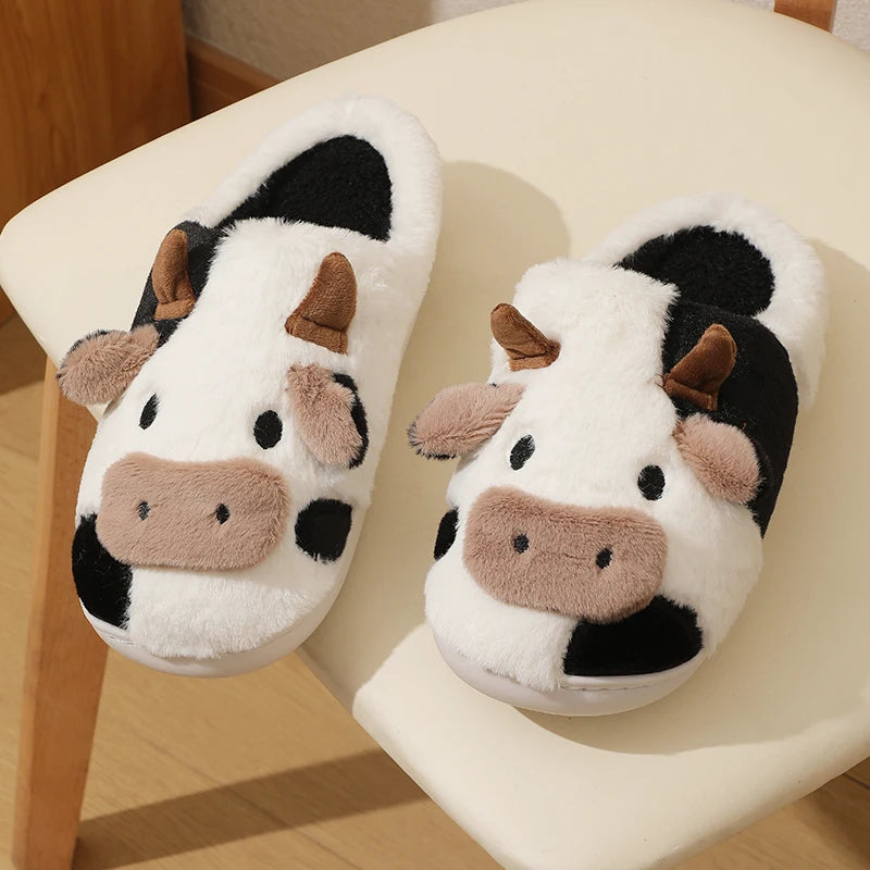 New Winter Unisex Cartoon Cow Warm Plush Slippers Couple'S Indoor Non-Slip House Slides Men and Women Toe Wrap Home Cotton Shoes